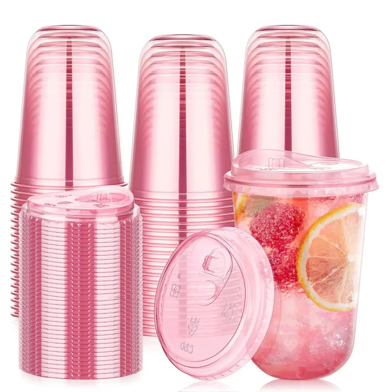 50-Pack 16oz Pink Plastic Cups with Direct-Drink Lids Disposable Coffee protein shake Cups Round Bases No Handles Portable Birthdays Wedding Parties Ice Coffee To Go Cup New Arrivals Essential Girls' party summervibes