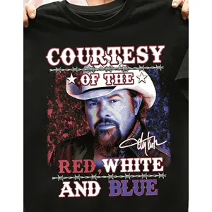 Men's Toby Keith Signature Patriotic Graphic T-Shirt - Red White & Blue "Courtesy of The USA" Design, Breathable Cotton Crew Neck Tee with Slight Stretch, Regular Fit Casual Short Sleeve Top for Summer & Year-Round Wear