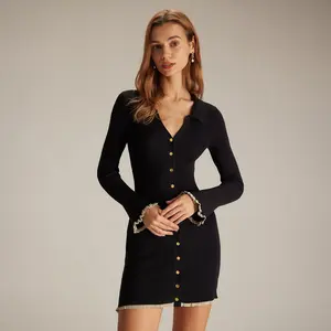 RIHOAS The Black V Neck Contrast Trim Knit Mini Dress - Casual and Stylish Dresses for Women Button Womenswear