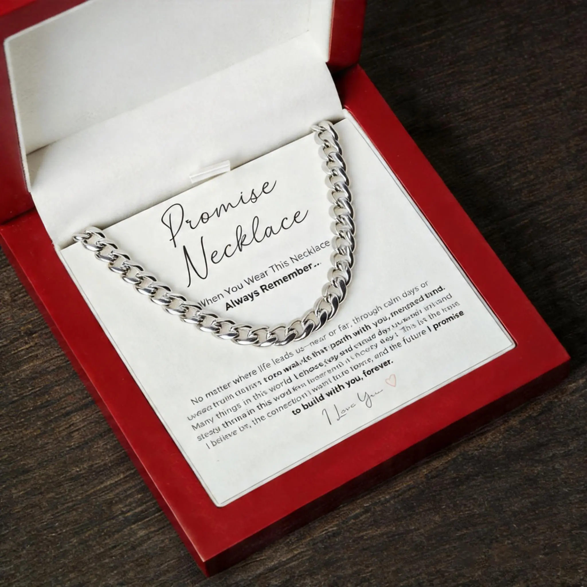 Promise Necklace for Boyfriend, Waterproof Stainless Steel Cuban Chain, Love & Commitment Symbol, LED Wooden Box Gift for Valentine’s Day, Birthday