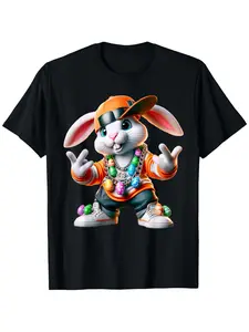 Bunny Rappers Designs Funny Easter Bunny Rap T-Shirt - Humorous "Bunnypulon" & "Choco-Themed" Print Round Neck Casual Tee for Easter Outfits, Spring Gift