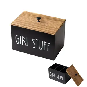 Wooden Storage Box with Lid, 1 Count Creative Letter Pattern Storage Box with 3 Compartments, bathroom accessories storage, Home Organizer for Bathroom, Living Room, Bedroom