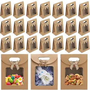 24 Pack Paper Gift Bags, 16x12x6 Cm Kraft Bags with Handles, Party Packs, Ideal for Party Favors, Treats, and Cookies, Clear Display Packaging Solution, Creative Gift Packaging