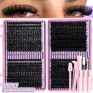640/740/800pcs D Curl Individual Eyelash Clusters with Bond And Seal, Tweezers, Brush Set Beginner Friendly, High Capacity Eyelash Book Suit for Different Makeup Beauty, Long Lasting Dense False Eyelashes, Gift for Women Lash Clusters Kit