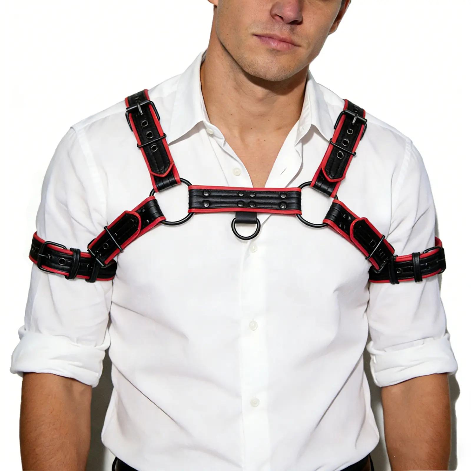 Men's PU Leather Harness with Armband Set, Adjustable, Faux Leather, Black/Red/Blue, for Gym and Motorcycle