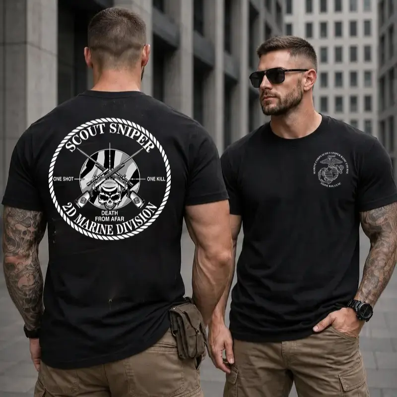 American Guardian Scout Sniper Death From Afar Graphic T-Shirt, One Shot One Kill Tactical Tee, Military Inspired Apparel