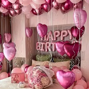 Pink Birthday Balloon Set, Includes 16-Inch Pink Decorations, Magenta Heart Shaped Balloons, and Metallic Pink Balloons, Suitable for Birthday Parties, Weddings, Bachelorette Showers