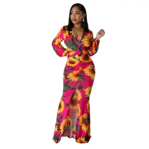 Sophia Long sleeve v-neck font slit Maxi dress