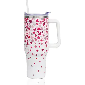 40 oz Valentines Tumbler with Handle and Straw, Stainless Steel Insulated Heart Tumbler 40 oz, Reusable tumbler with Leak Proof Lid, Valentines Gifts for Her