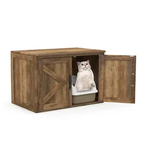 COSTWAY - Flip Top Hidden Cat Washroom Furniture with Double Barn Doors and Removable Divider