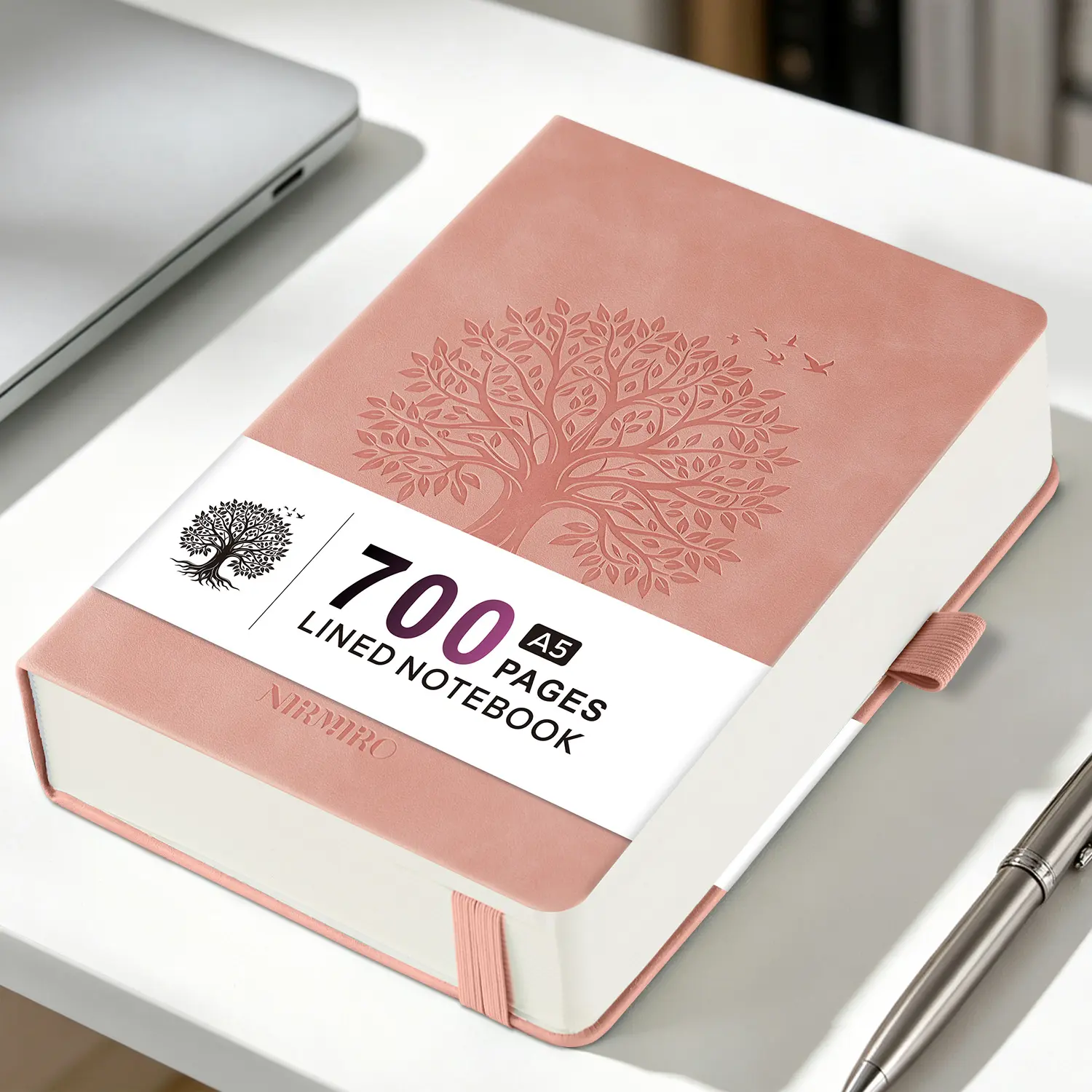 NIRMIRO Hardcover A5 Thick Notebook, PU Leather Tree Print Cover, 700 Pages/350 Sheets 100GSM No-Bleed Lined Paper, Inner Pocket, 5.7"x8.4", for Office School Home Use