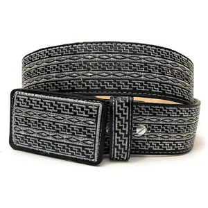 Embroidered Leather Western Belt, Brown, 34