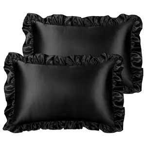 PiccoCasa Ruffled Pillow Shams Set of 2, Retro Silky Pillow Cover with Ruffle, 85 GSM Satin PillowCases with Envelope Closure Standard Black