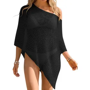 Womens Crochet Beach Cover Ups Off Shoulder Sheer Boho Poncho Tops 2026 Summer Floral Bathing Suit Swimsuit Coverup