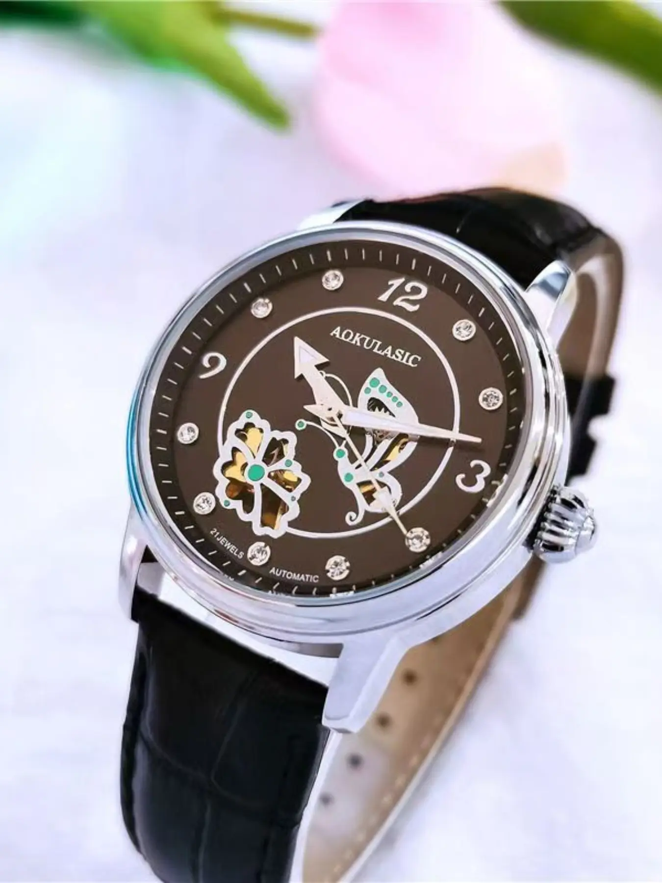 Butterfly Love Flower Series Business Women's Mechanical Watch, Hollow Design, Leather Strap, High Beauty, Luxury Fashion, Leisure, Versatile, Personalized Temperament, Compact Women's Watch, Fully Automatic Mechanical Watch, the Best Gift for Girlfriend