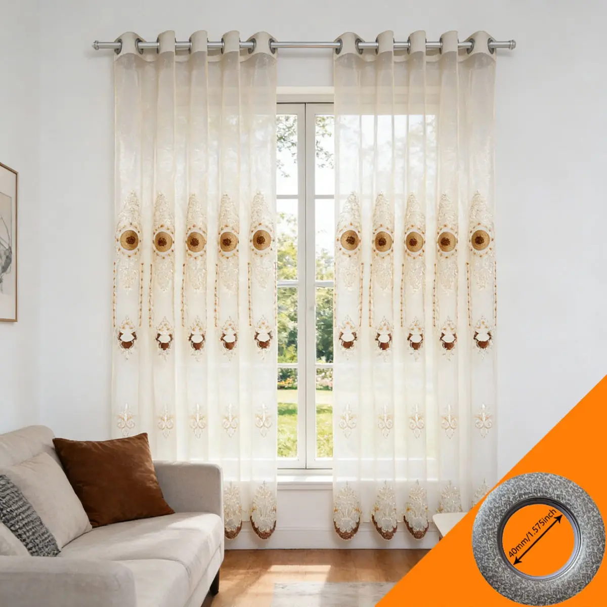 2pcs European Luxury Rice Gold Heavy Embroidered Sheer Curtain, Living Room Floor-To-Ceiling High Transparency Window Shade, Pierced Cream Style Balcony Curtain, Grommet Curtains, Room Decor Curtain