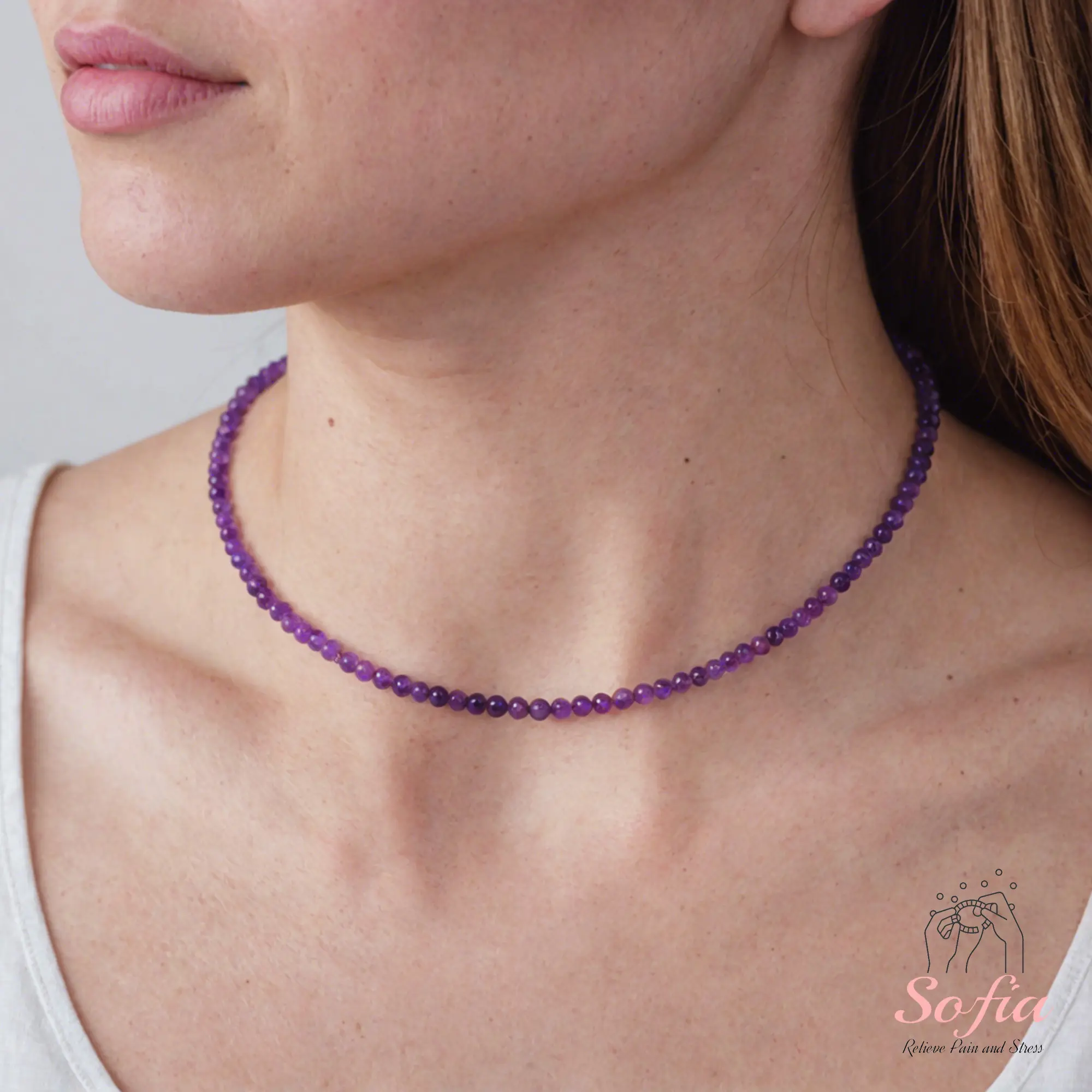 Tiny Gemstone Beaded Choker Necklace, Dainty Smooth Amethyst Gemstone Beaded Necklace, Waterproof Crystal Beaded Choker, Dainty Minimalist Style for Women Handmade Adjustable, gift for her