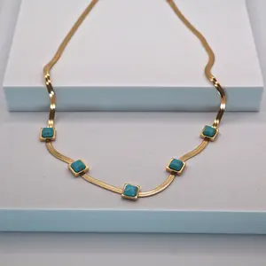Turquoise Square Bead Gold Necklace – Stainless Steel