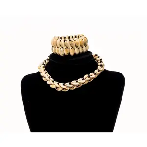 Double Line Cowrie Shells Choker Necklace & Matching Cuff Bracelet Set - Ethnic African Inspired Jewelry