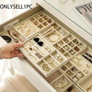 Swan Velvet Jewelry Storage Rack, Multi-Grid Divided Compartments Display Board for Rings Earrings Bracelets Necklaces Pins Watches, 1 Piece Solid Wood Flip-Top Organizer