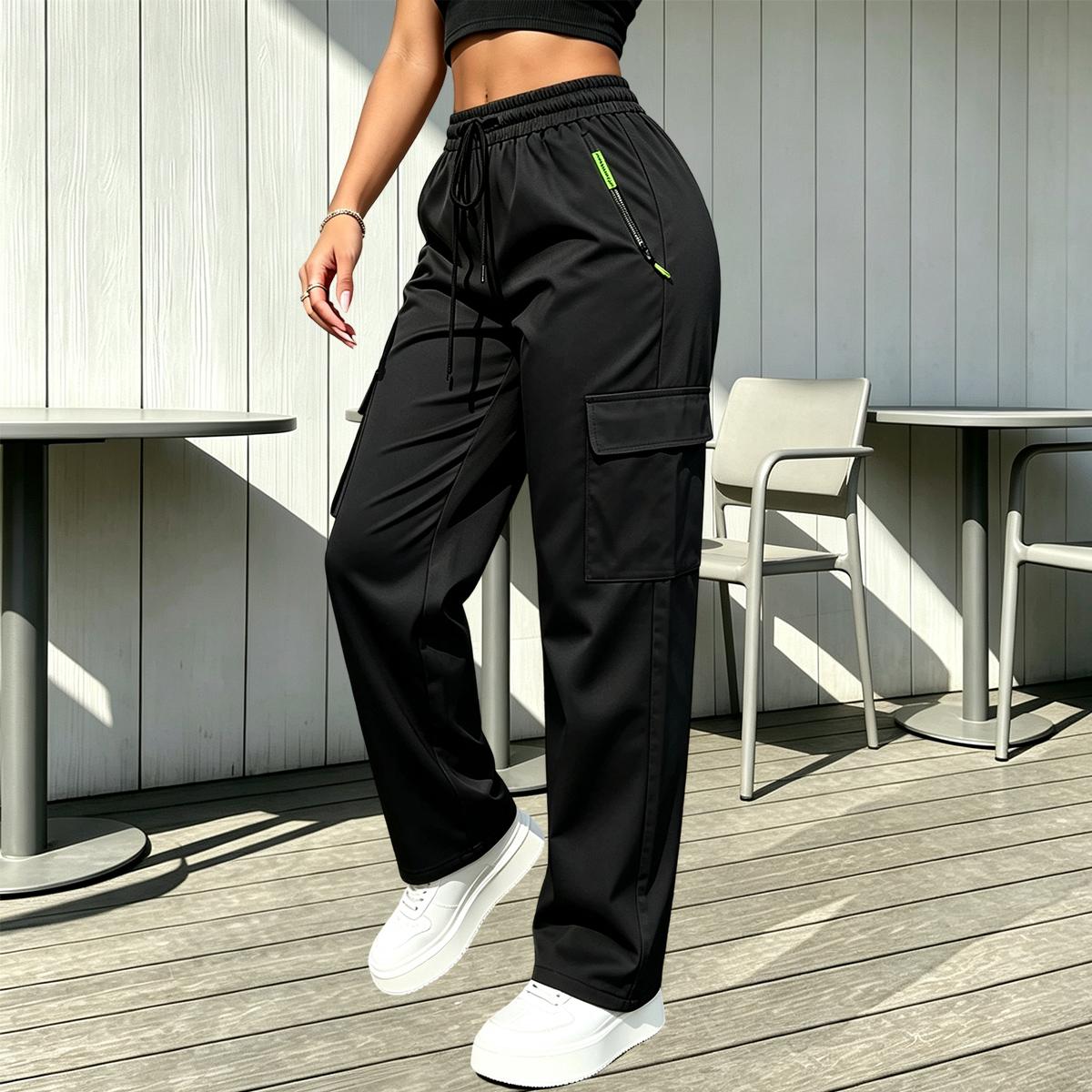 Women's Plus Size 2-Pack Summer Cargo Pants, Machine Washable, Fluid Drape, Zip Pockets, Elastic Waistband with Drawstring, for Outdoor Jogging & Gym Wear