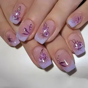 24pcs Floral Square Nail Tips, Elegant Lavender Gradient, Hand-Painted Flowers, Glitter French Edge, Reusable, Salon-Quality Manicure