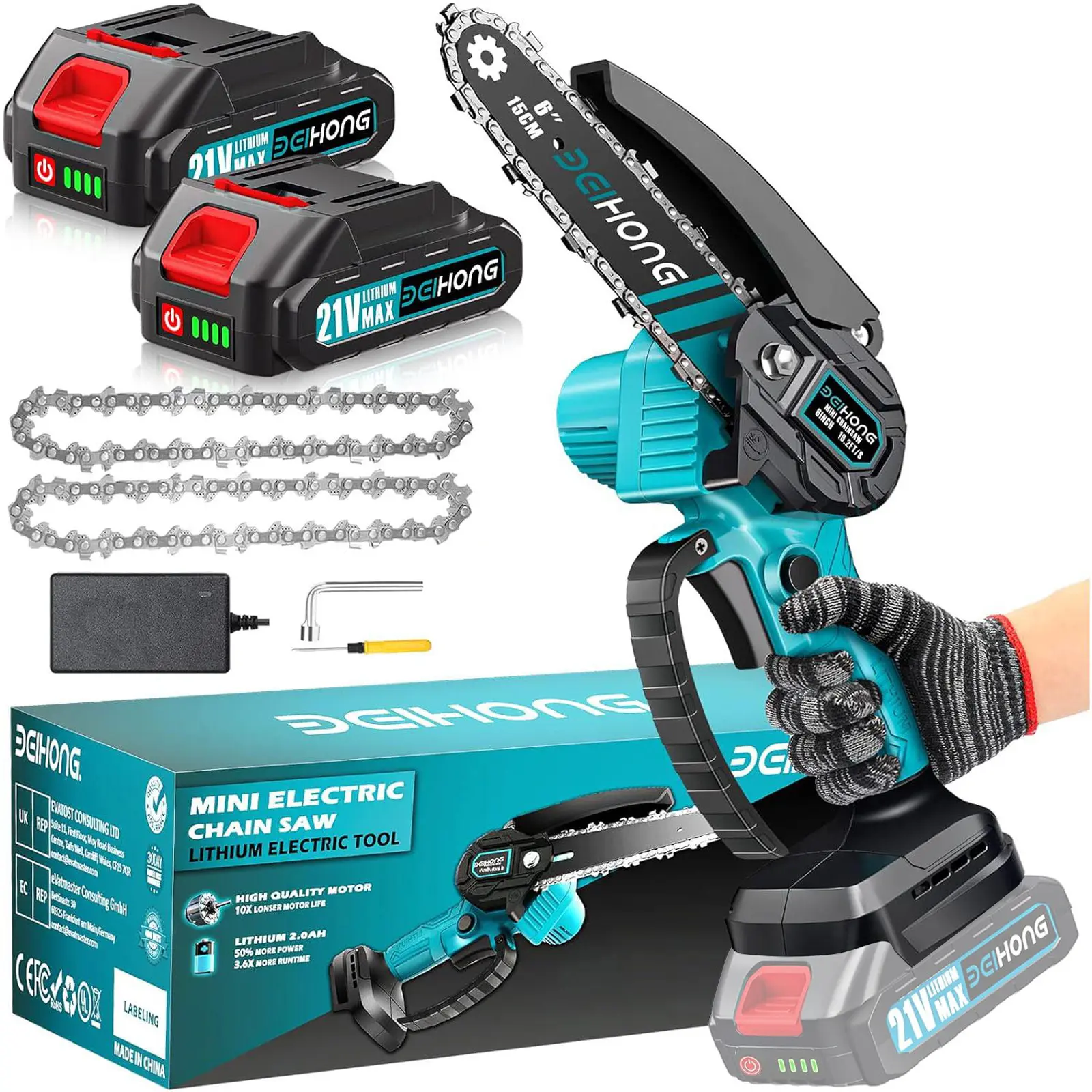 21V Cordless Mini Chainsaw 6-Inch - Compact Handheld Electric Chain Saw with 2 Batteries  Security Lock for Efficient Wood Cutting, Tree Trimming, and Pruning - Trending Christmas Gifts and New Year Gift Ideas Power Tools Tool Kit