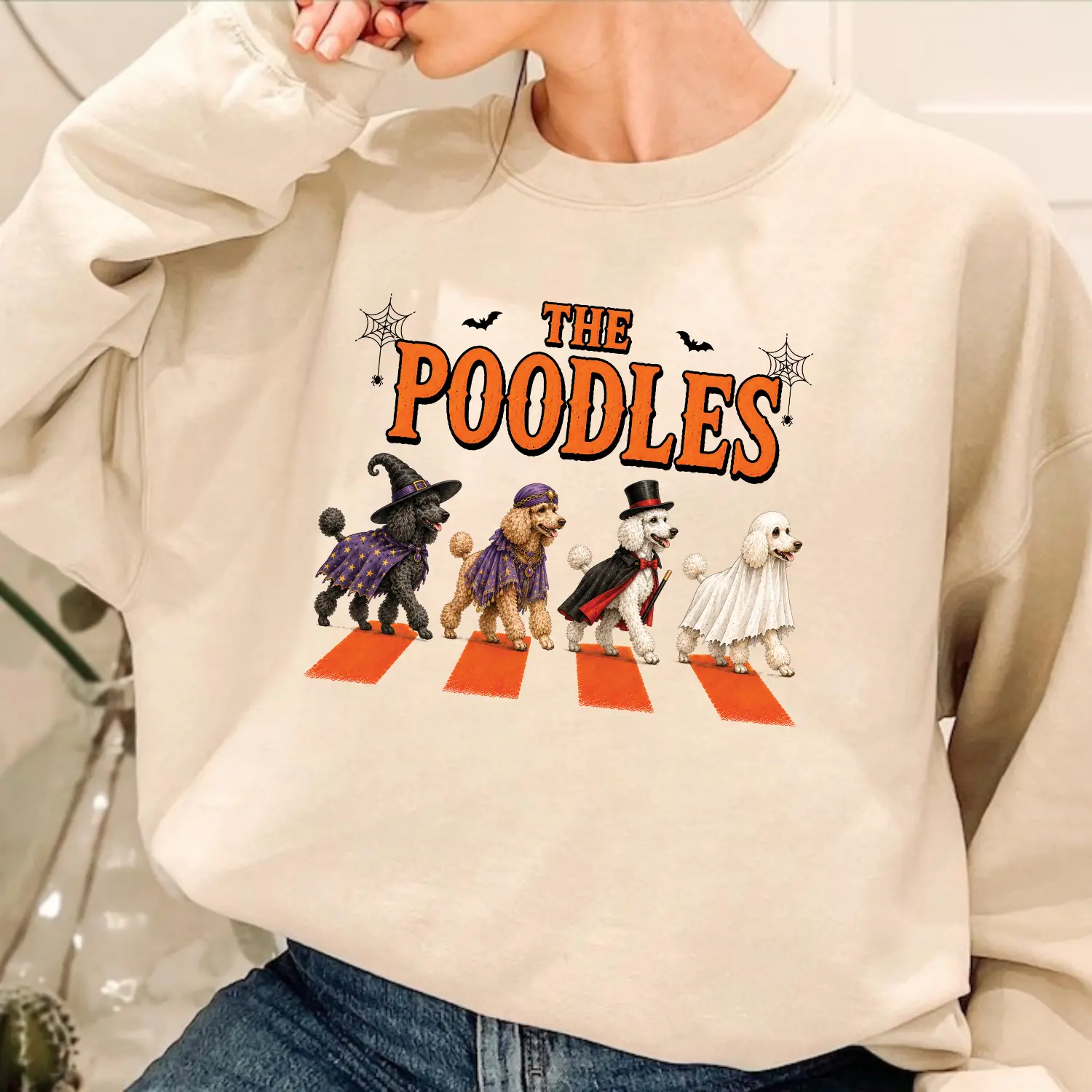 Women's Poodle Halloween Crewneck Sweatshirt - Cute Dog Costume Pullover, Polyester-Spandex Fabric, Funny Everyday Style, Spooky Fall Graphic, Autumn Pet Lover Gift, Cozy Unisex Apparel
