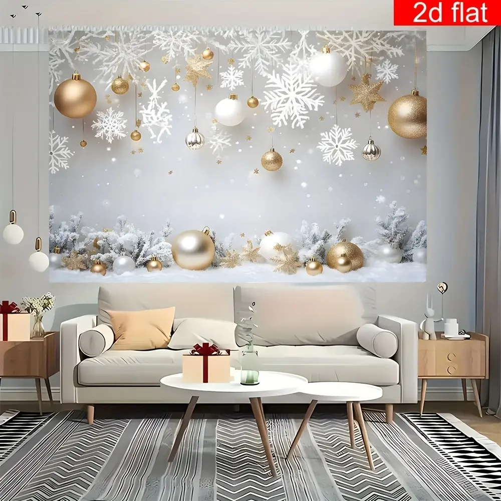 1pc Durable Polyester Christmas Theme Party Banner - Snowflake, Golden Ball Ornament Backdrop Cloth - Wall Decor for Christmas, Birthday Winter Indoor-Outdoor Hanging Festive Supplies