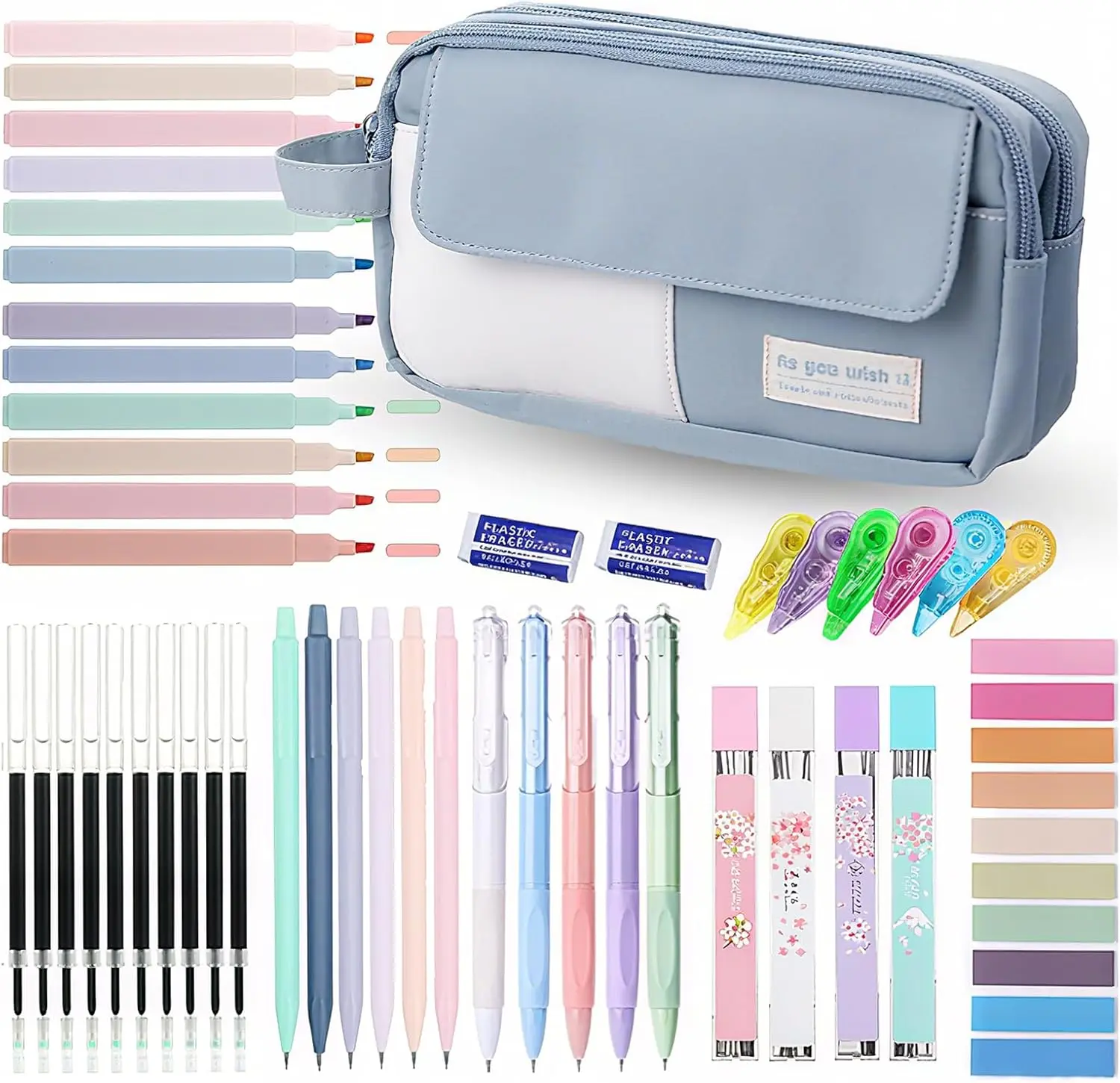 42 count Big Capacity Pencil Pouch with Aesthetic School Supplies, 12 Highlighters, 5 Black Ink Gel Pens, 6 Mechanical Pencils Set 0.5 & 0.7mm, Sticky Notes, Stationary Set for Student (Blue 2)