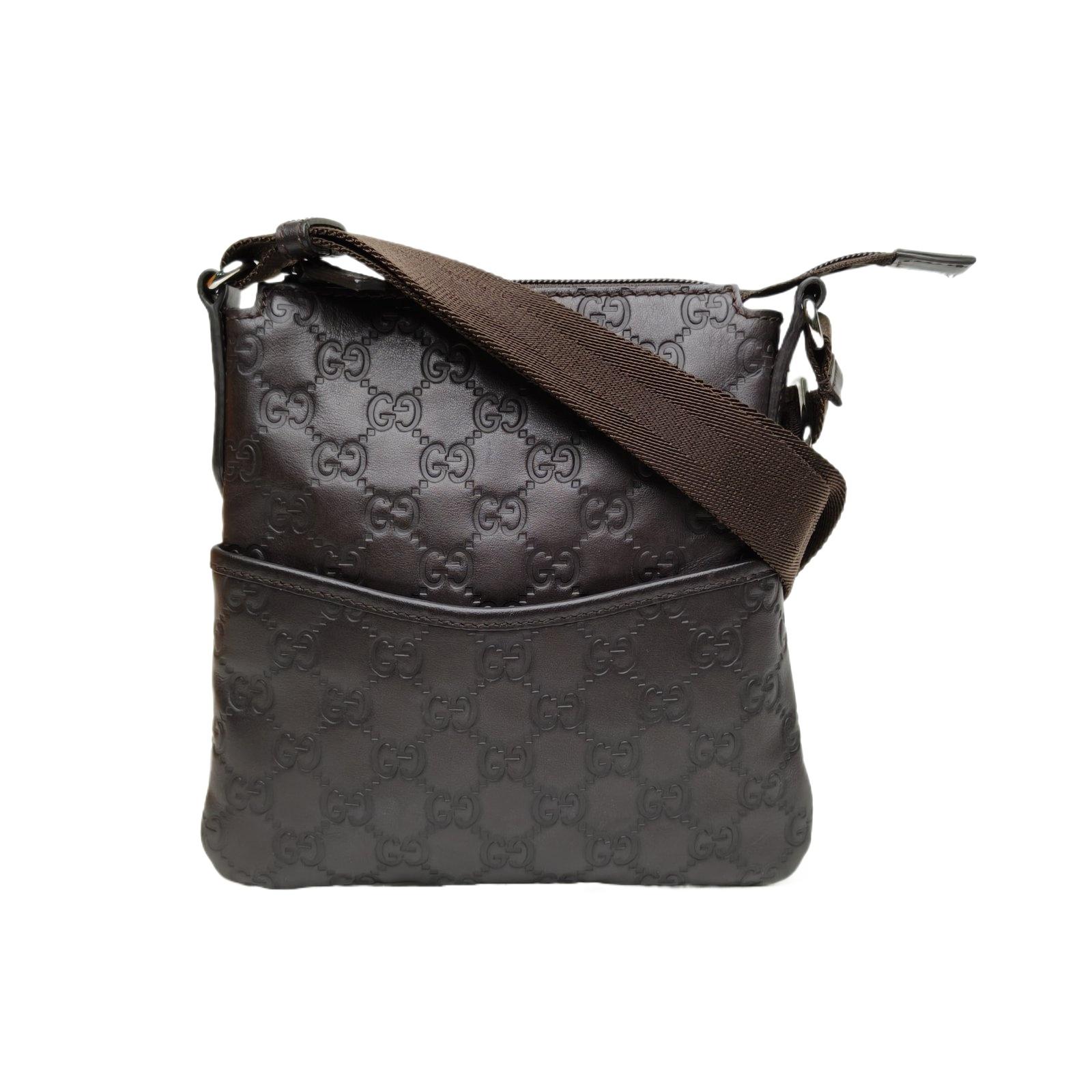 Pre-owned GUCCI PVC Tote Bags Coffee colored leather C silver buckle GG crossbody bag, small size, 20cm long