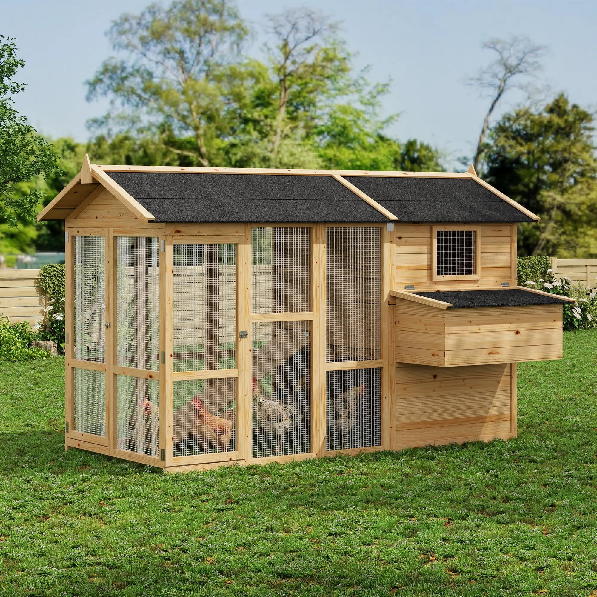 Large Wooden Chicken Coop with Run, 80"×35"×54", Poultry Hen House for 4‑6 Chickens, Waterproof Asphalt Roof, Nesting Box, Ramp & Wire Fence, Natural