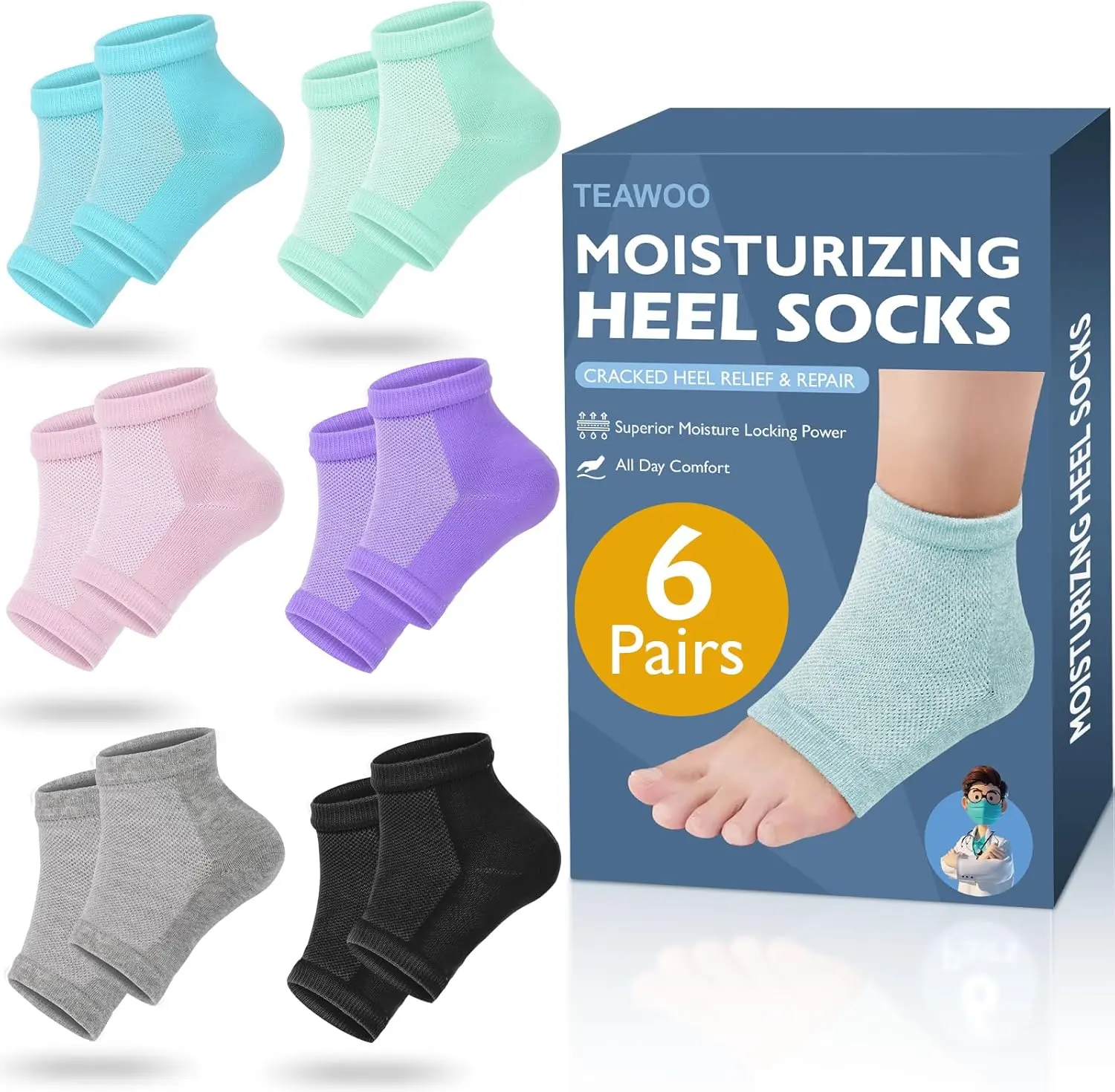 Moisturizing Heel Socks - 6 Pairs for Dry Cracked Feet, Toeless Gel Socks for Hydration and Repair, Olive, Lavender