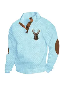 fall outfits Men's autumn and winter fashion jacquard diamond-patterned color-blocking top, hoodie, Sweatshirt, Christmas hit reindeer print, semi-open button design, brown patches on the elbows, outfit