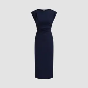 Cider [2 colors, size 0-26] Boat Neck Solid Ruched Maxi Dress