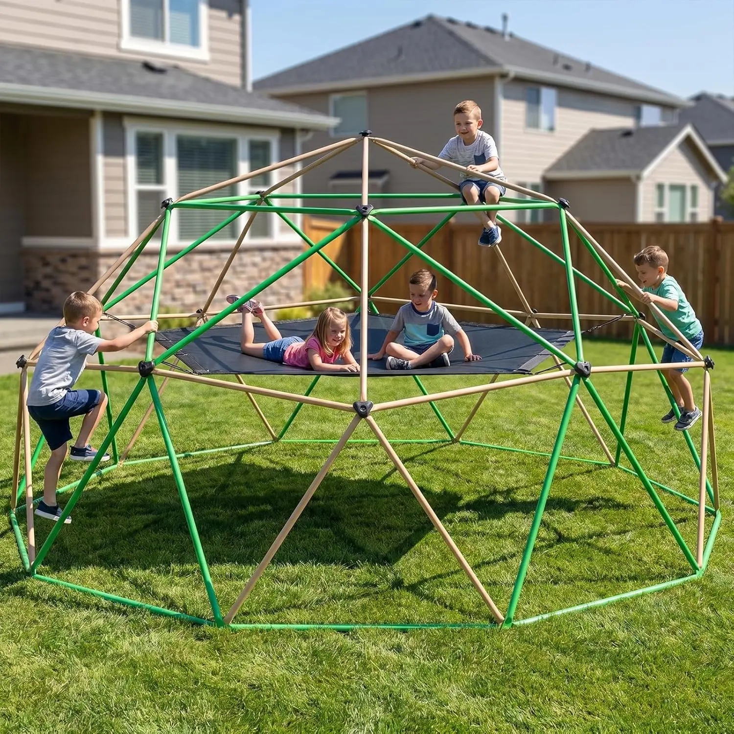 13FT Climbing Dome with Hammock and Swing, Outdoor Jungle Gym for Kids, Geometric Dome Climber Supporting 880 Lbs Anti-Rust Metal Outdoor Play Structure ASTM Approved, Brown & Green, Steel