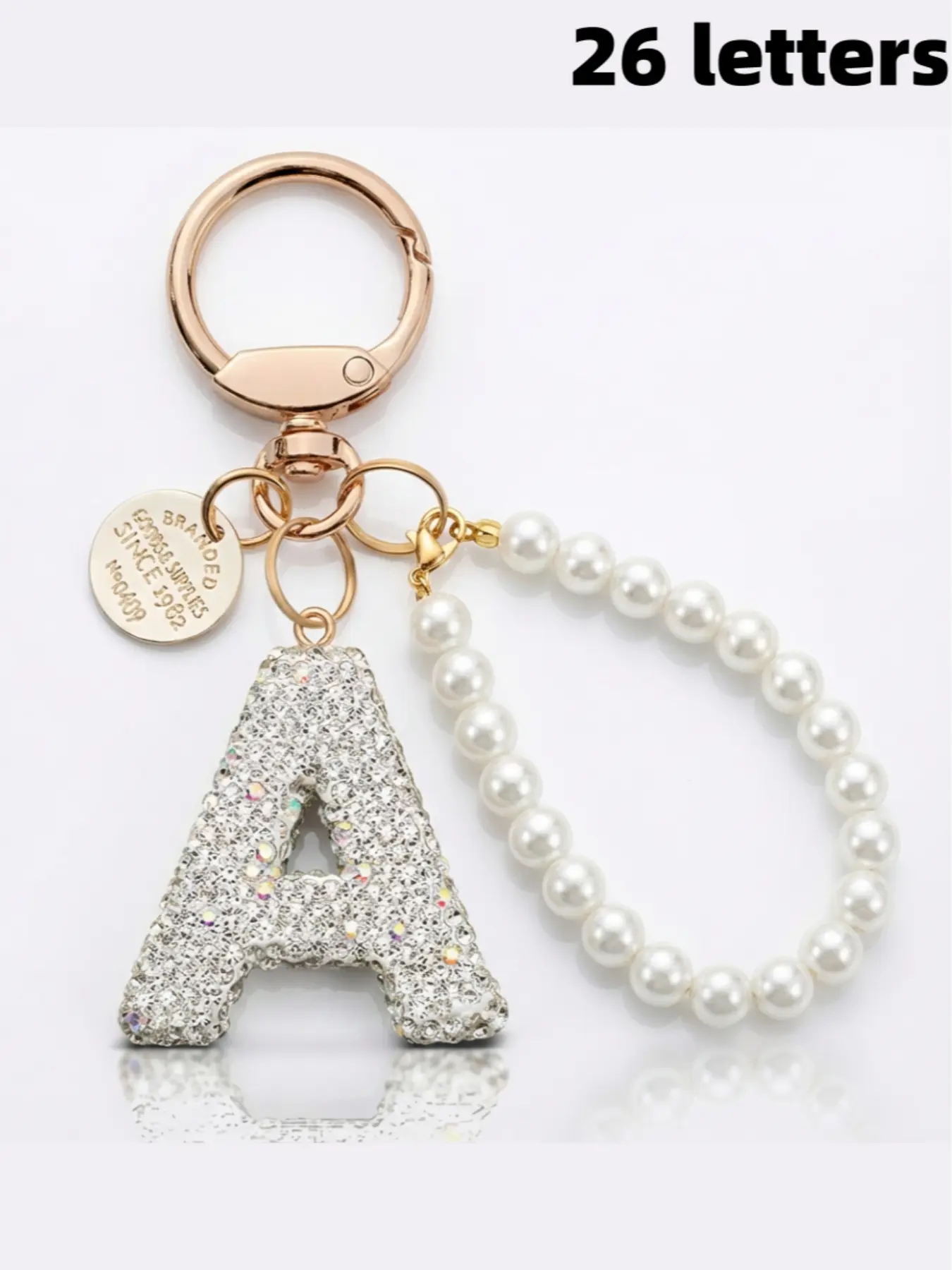 Silver Color Letter Keychain for Women Girls, Pearl Wristband, Unisex Gift, Unique Design, Daily Use, Birthday Holiday Special Occasion, Rhinestone Keychain, Bling bling keychains
