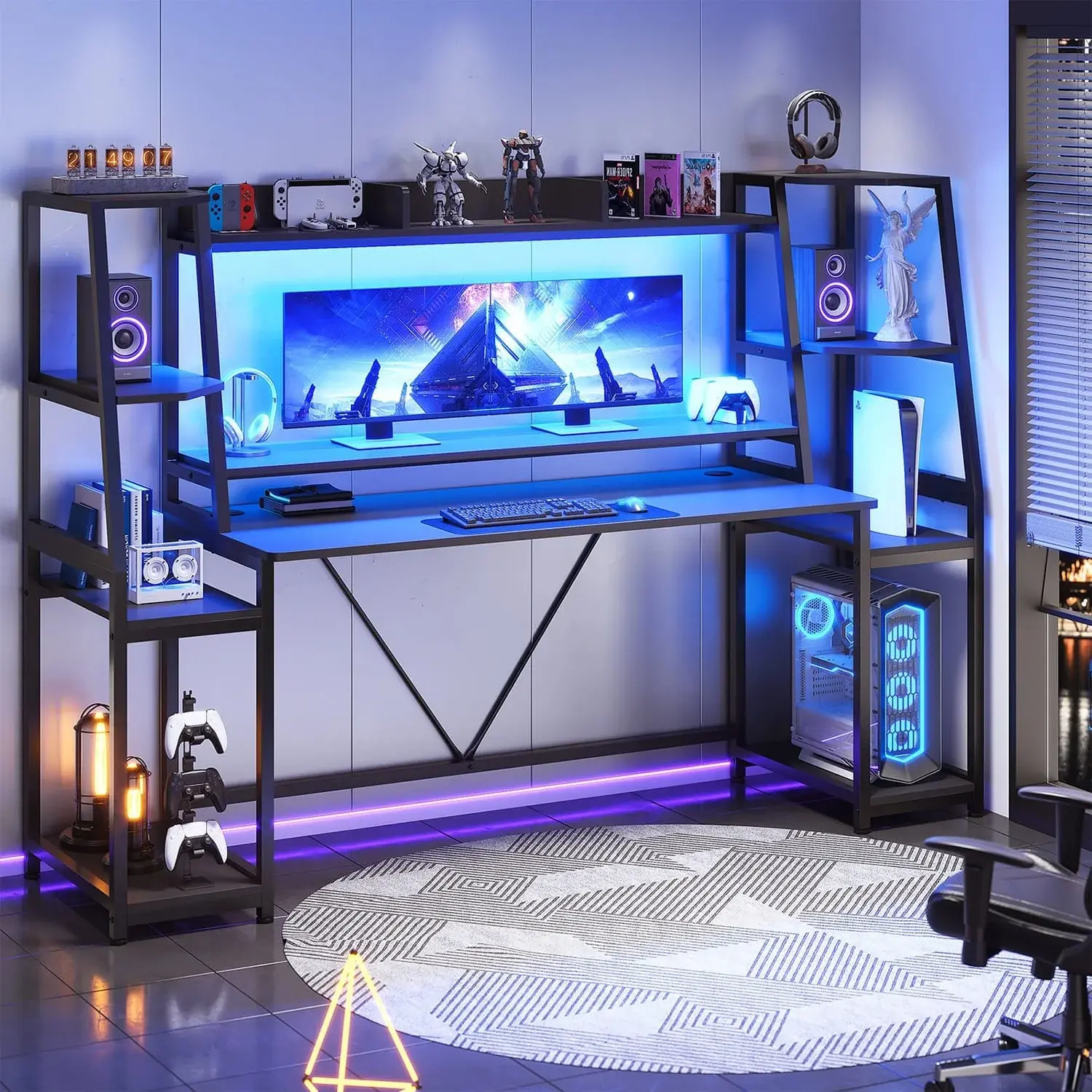 Sikaic 78.8-Inch Large Ergonomic Gaming Desk, Black Home Office Furniture with LED Lights, Customizable Light Settings, Storage Shelves, Monitor Stand and Cable Management, Esports Computer Desk