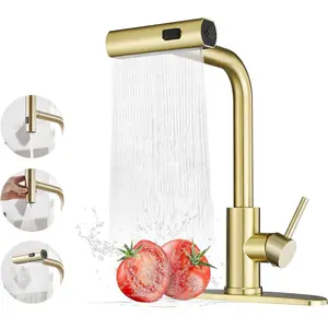 Gold Faucets with Pull Down Sprayer,Waterfall Sink Faucet,Stainless Faucets,Single Handle Sink Faucet with Pull Down Sprayer for 3 Function