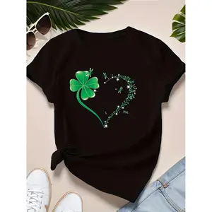 Women's AllSeason Casual Round Neck TShirt Featuring StPatrick's Day Clover and Valentine's Heart Prints Machine Washable Fashion Top