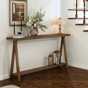 PieDle Farmhouse Console Tables for Living Room, Solid Wood 2-Tier Sofa Table, Rustic Hallway Table for Entryway,Natural