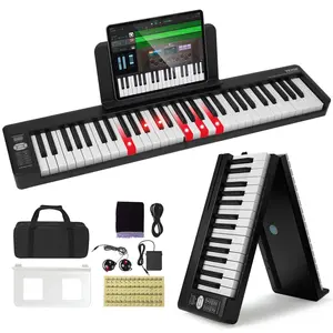【Father's Day】VEVOR 61 Key Folding Keyboard Piano,  , Bluetooth & MIDI, Portable Electronic Digital Foldable Piano with Sustain Pedal Touch Sensitive Lighted Keys Bag, Rechargeable for Beginners Teens Adults, Black