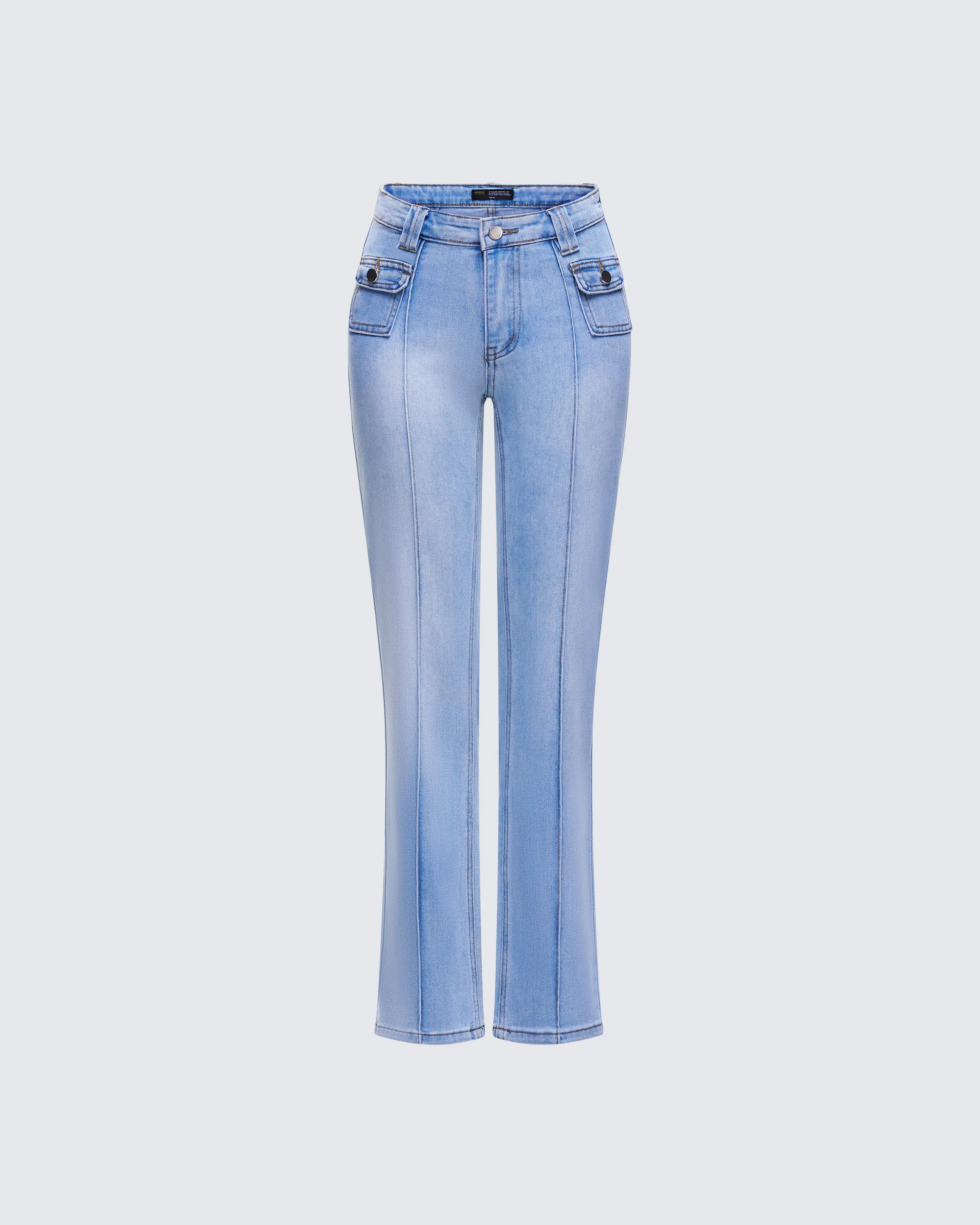 Women's Cotton Mid-Rise Cargo Jeans - Straight Leg Bottoms, Casual Light Wash Denim with Contrast Seaming, Functional Pockets, Elevated Basics