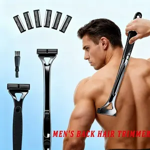 New Foldable Back Scratcher Triple Blade Manual Shaver, Back Hair Trimmer, Includes 6 Replacement Heads, Stainless Steel Material, Ca Prop 65 Compliant