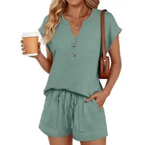 Womens V Neck Two Piece Short Sets Cap Sleeve Drawstring Summer Sweatsuit with Pocket