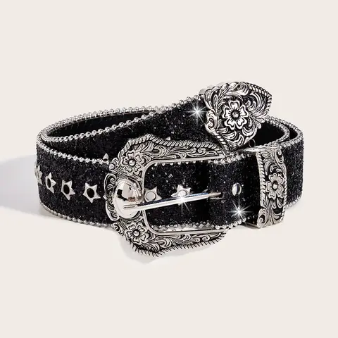 Women's Punk Rhinestone Studded Buckle BB Belt - Artistic Western Beaded Bling Accessory, Adults' Casual Fashion Piece for 2025 Summer Galentine's Party, Jeans & Short Skirts, Alternative Grunge-2000s Couture Women's Belts
