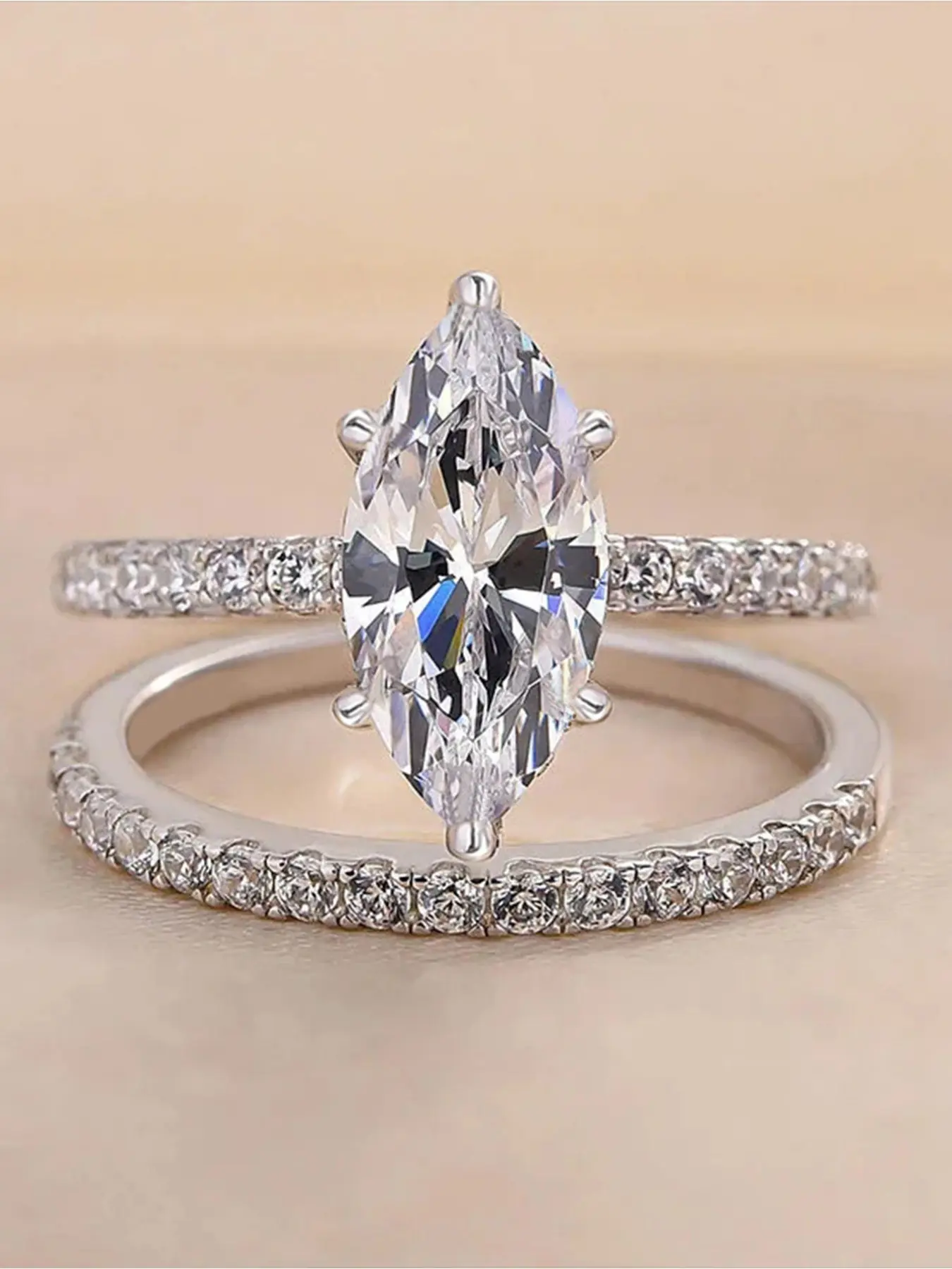 2 PC/Set Shiny Marquise Zircon Rings for Women, Beautiful Rings, Bridal ring sets, Marquise Cut Ring, Wedding Engagement Cubic Zirconia Promise Ring Ladies Jewelry for Party Daily Decor Accessories as Anniversary Birthday Gift for Girlfriend