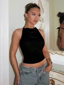 Sexy Halter Backless Sleeveless Top, Adjustable Waist Short Slim Fit Tank, Fashionable Outerwear for All Seasons, Plain Surface Design