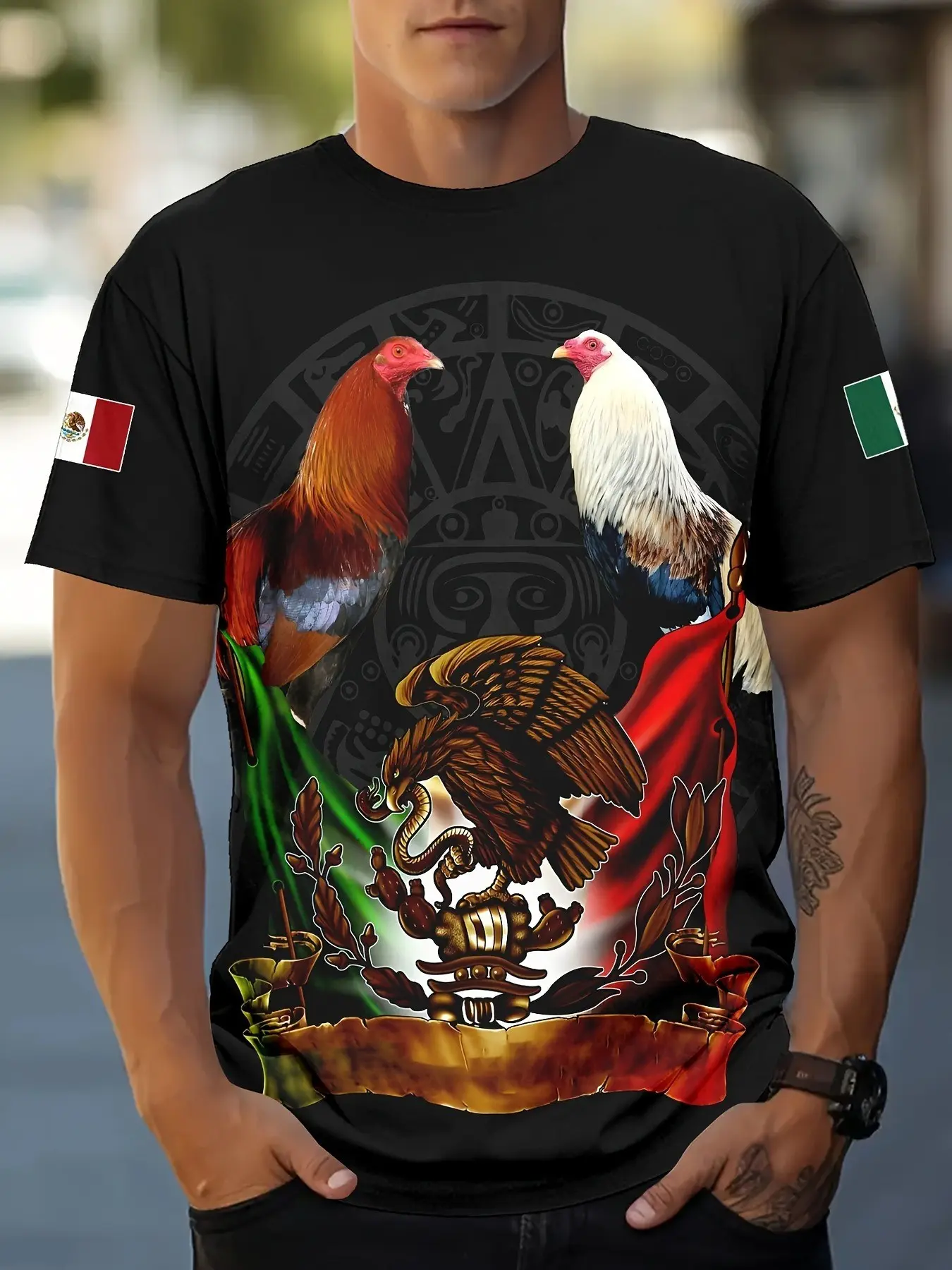 Men's Summer Tropical Casual Round Neck Graphic Prints Tee, Sporty Fitted Long Sleeve Top, Trendy Ethnic Tribal Streetwear Design, Comfortable All Season Wear, Casual Streetwear Clothes