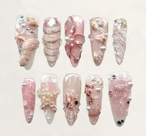 Beach Shell Press On Nails Pink Starfish 3D Gel Nail Art Pearl Mermaidcore Tips